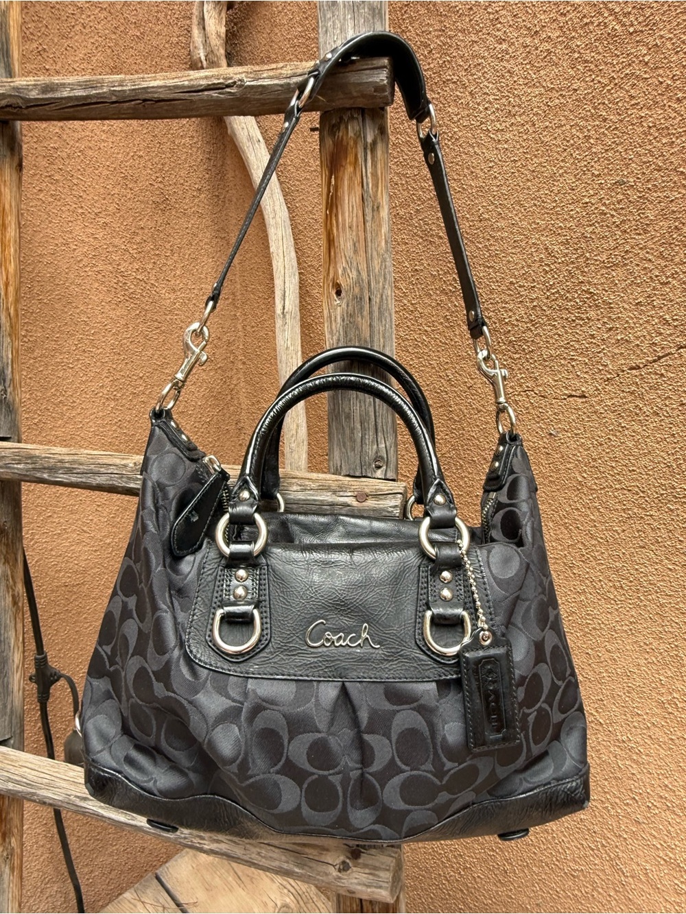 Coach Black Signature Satchel with Leather Trim
